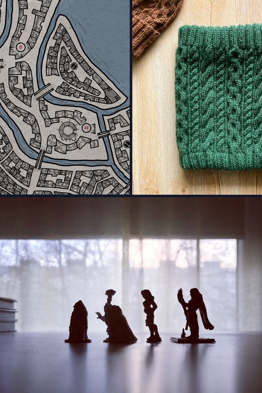 This collage shows my interests: fantasy maps, knitting, TTRPGs and minipainting.